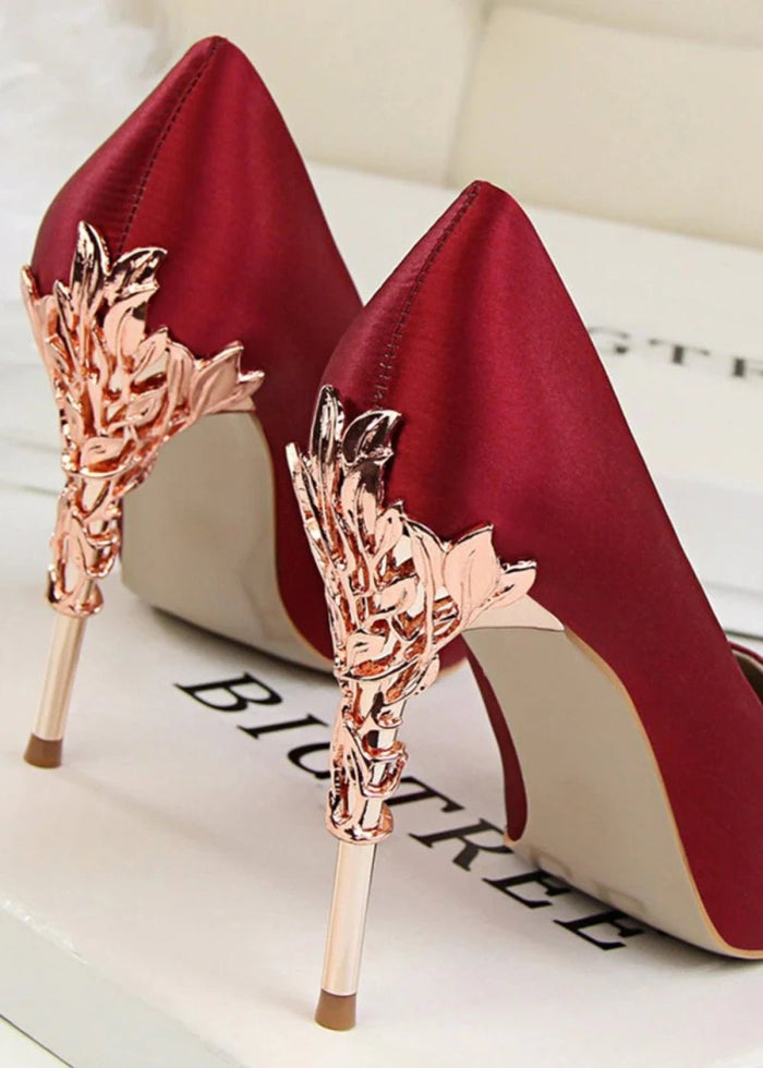 Stunning Burgundy and Red Pointed Toe Stiletto Heels - Elevate Your Style with Metal - Detailed Elegance - Burgundy - PromDressClub