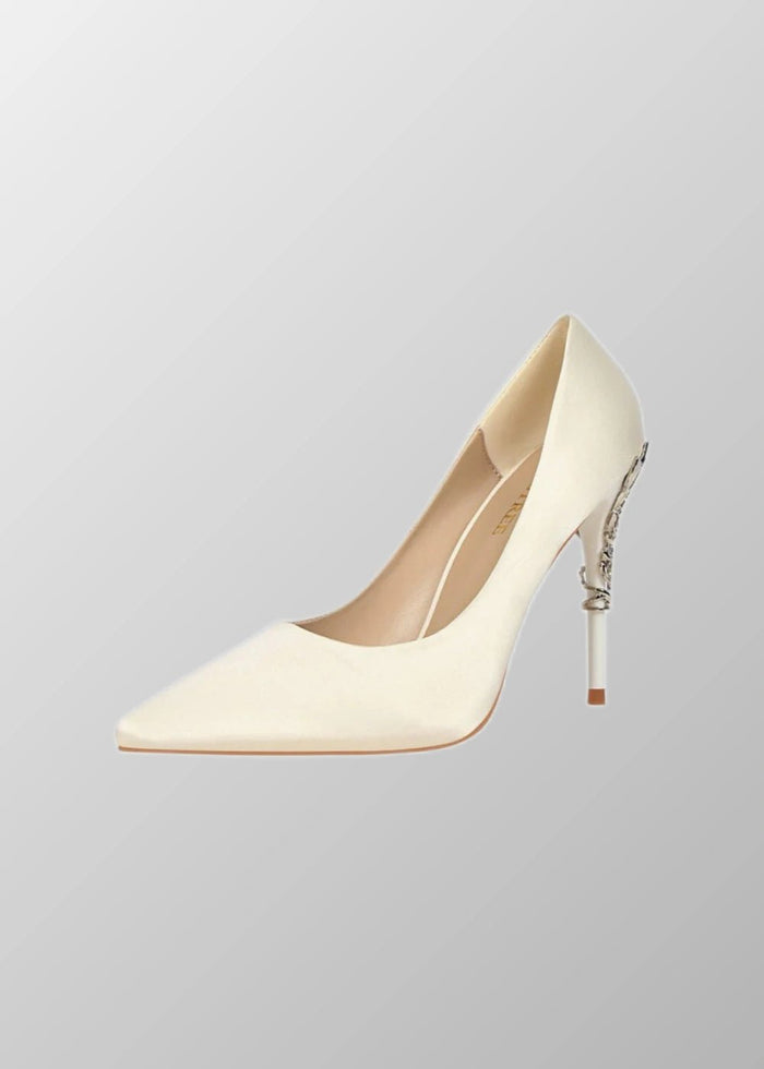 Stunning Burgundy and Red Pointed Toe Stiletto Heels - Elevate Your Style with Metal - Detailed Elegance - White - PromDressClub