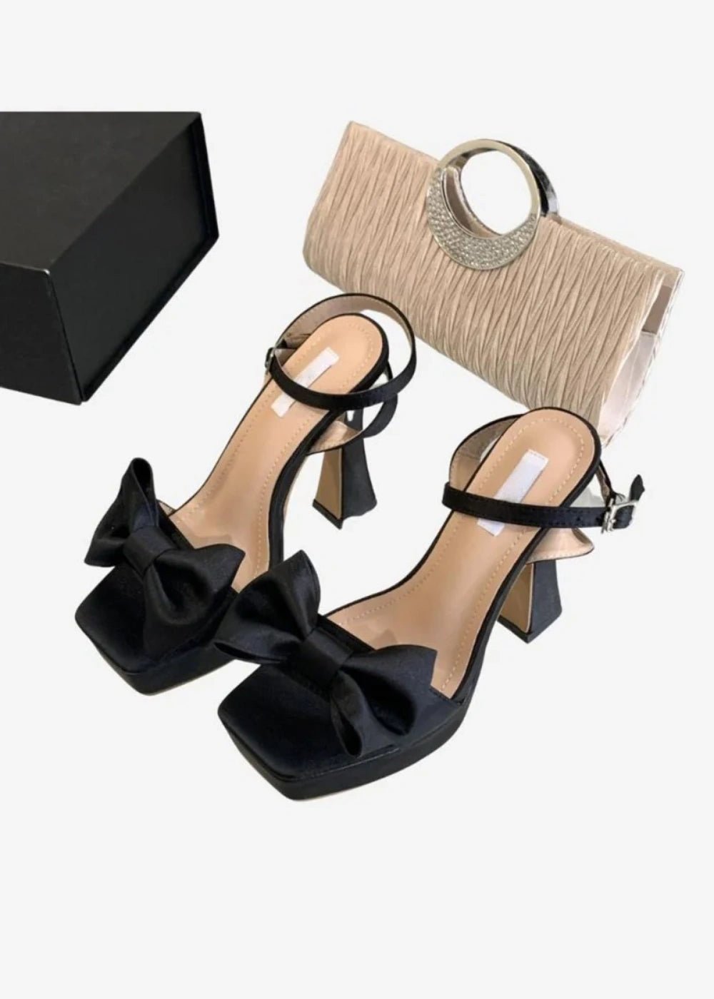 Stylish Pink High Heels with Bow & Versatile Chunky Heel Sandals - Black - PromDressClub