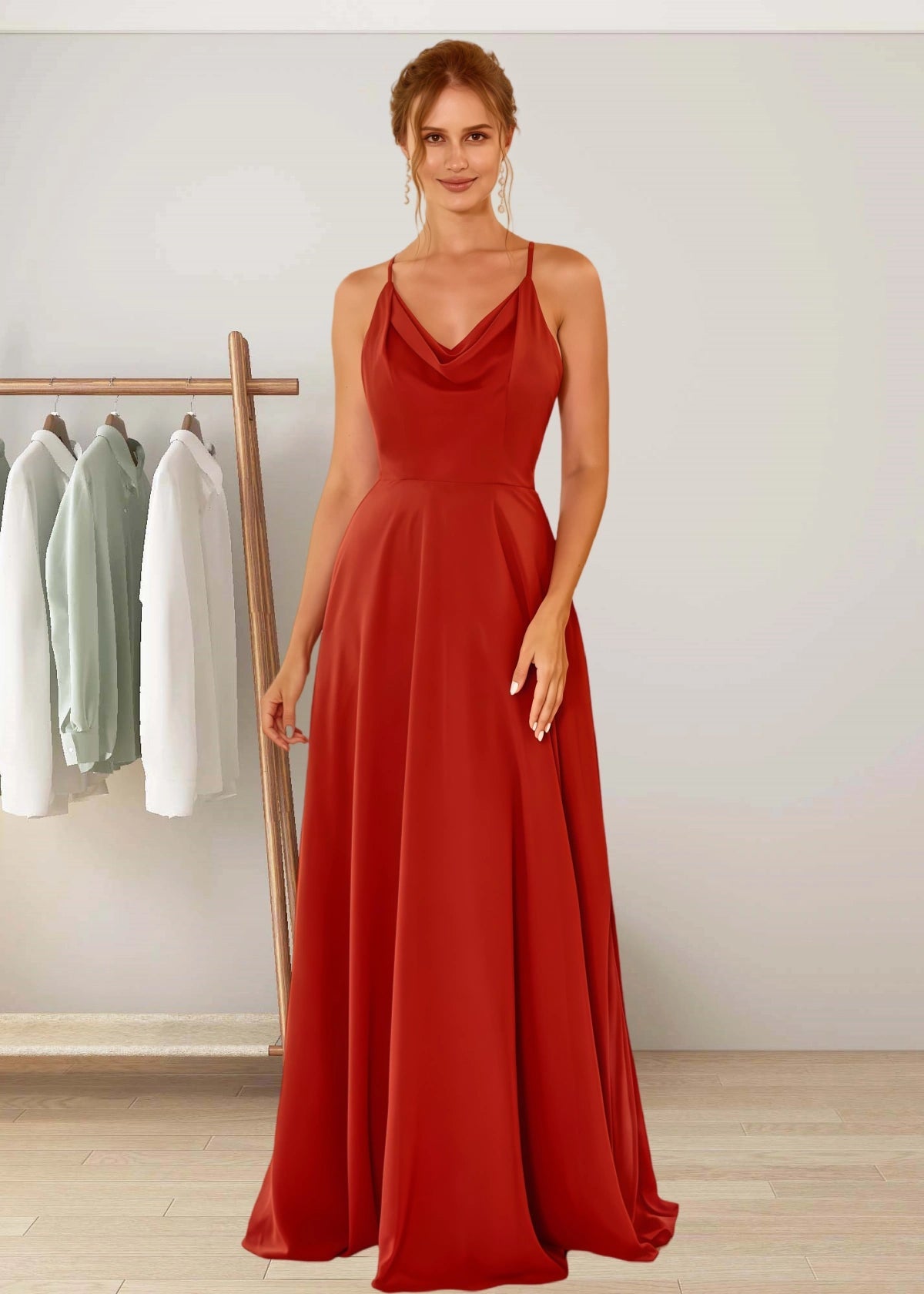 Susanna | A Line Spaghetti Straps Rust Brown Chiffon Long Bridesmaid Dress - Rust - PROMDRESS Club