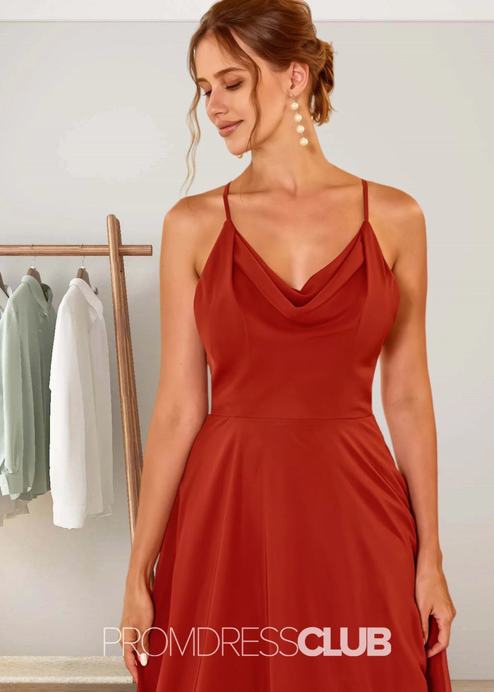Susanna | A Line Spaghetti Straps Rust Brown Chiffon Long Bridesmaid Dress - Price #price_variant_lowest# - Rust - PromDressClub