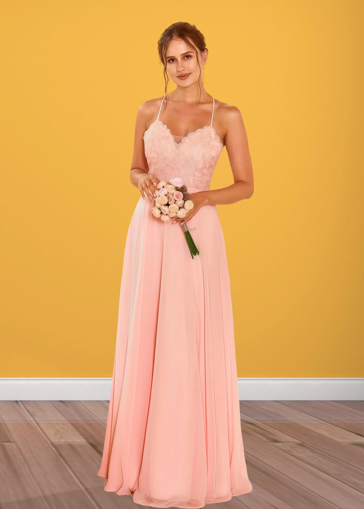 Sylvia | Lace Embroider Blush Chiffon Long Bridesmaid Dress - Blush - PROMDRESS Club