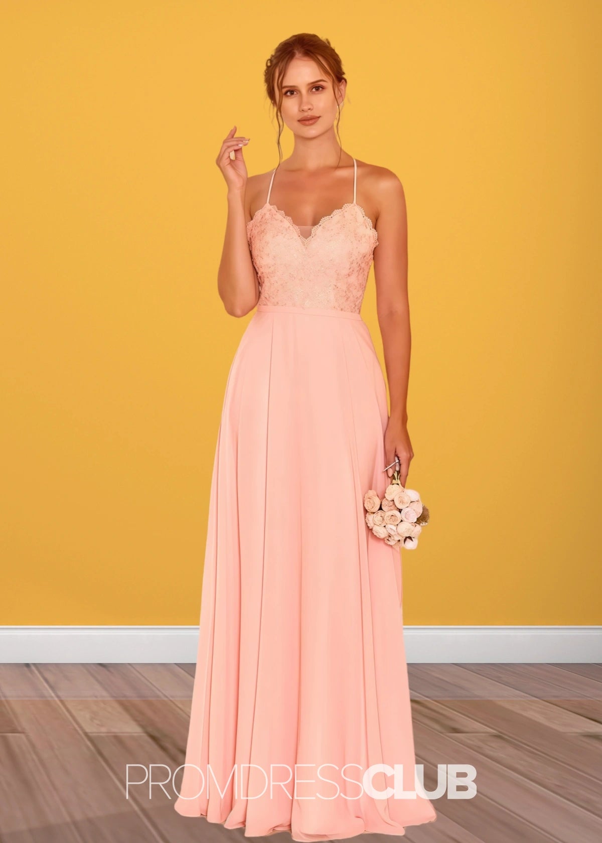 Sylvia | Lace Embroider Blush Chiffon Long Bridesmaid Dress - Blush - PROMDRESS Club