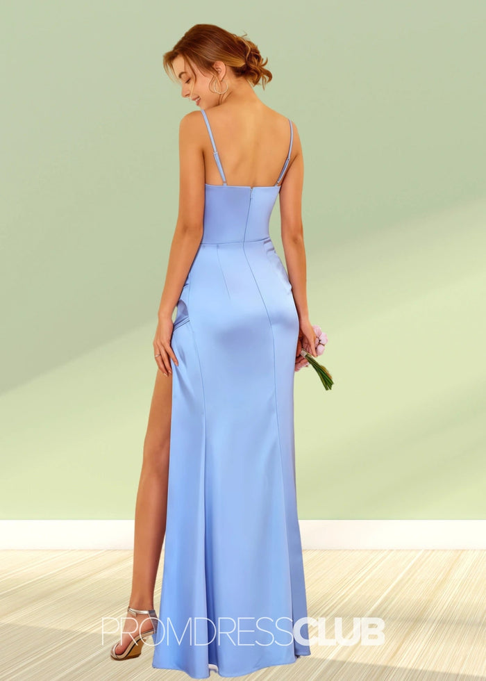 Tabitha | Sheath Column Blue Satin Long Bridesmaid Dress with Slit - Price #price_variant_lowest# - Blue - PromDressClub