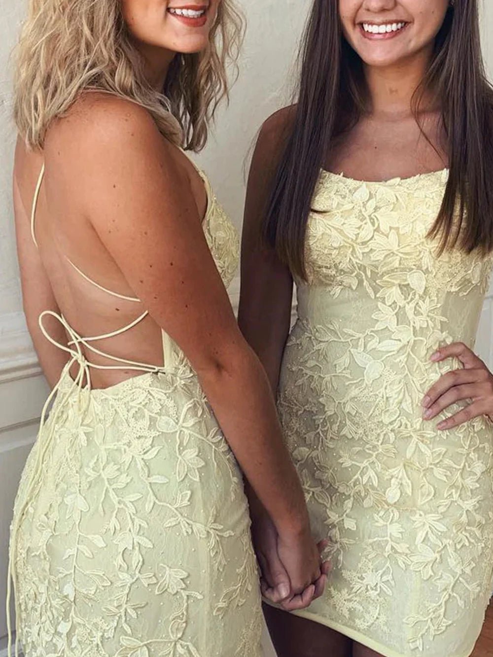 Tammy |Sheath Spaghetti Straps Lace Short Sky Blue Homecoming Dress With Criss Cross Lace - up Back - Yellow - US0 - PromDressClub