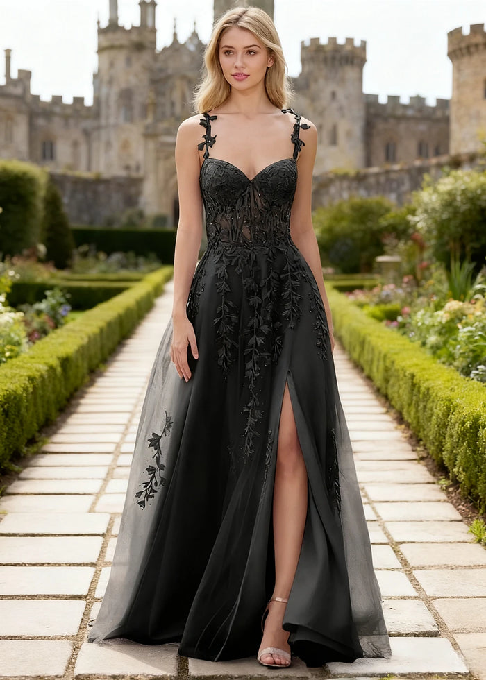 Tansy Black Lace Beaded Prom Dress | A - Line Sweetheart Neckline Corset Tulle Slit Gown - Black - PromDressClub