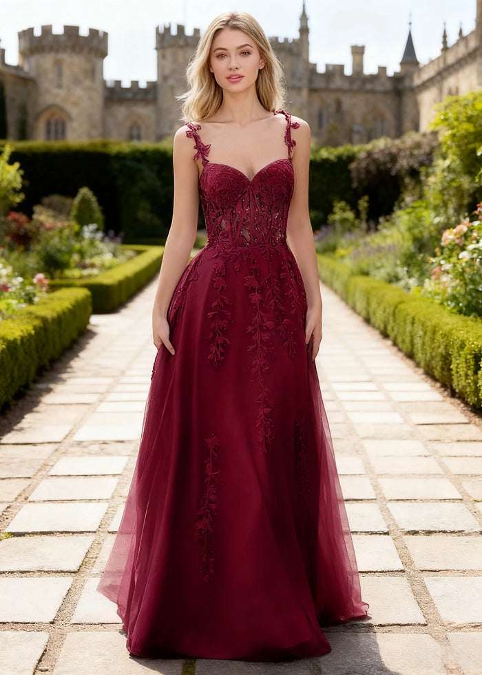 Tansy Burgundy Lace Beaded Prom Dress | A - Line Sweetheart Neckline Corset Tulle Slit Gown - Burgundy - PromDressClub