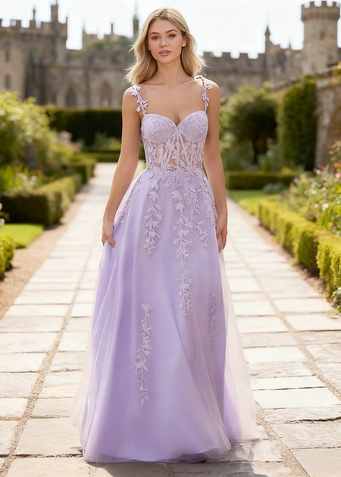 Tansy Lavender Lace Beaded Prom Dress | A - Line Sweetheart Neckline Corset Tulle Slit Gown - Lavender - PromDressClub