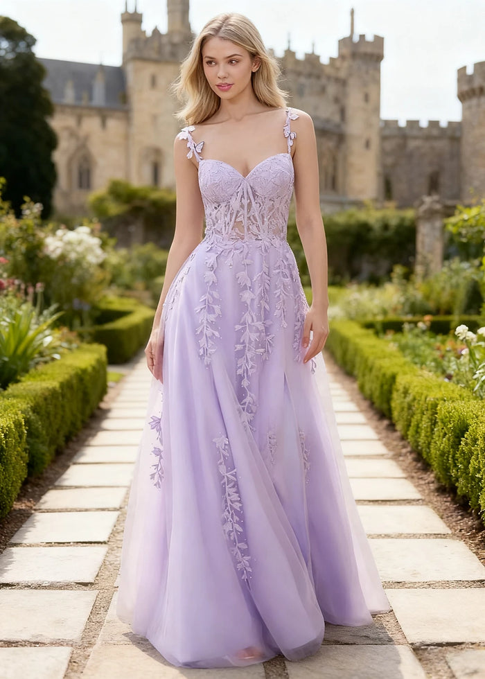 Tansy Lavender Lace Beaded Prom Dress | A - Line Sweetheart Neckline Corset Tulle Slit Gown - Lavender - PromDressClub
