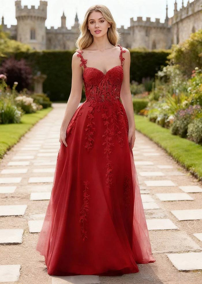 Tansy Red Lace Beaded Prom Dress | A - Line Sweetheart Neckline Corset Tulle Slit Gown - Red - PromDressClub