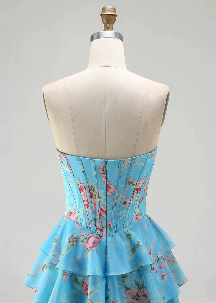 Tara Strapless Blue and Pink Floral Prom Dress | A - Line Corset Tiered Ruffle Formal Dress with Slit - Blue and Pink Floral - PromDressClub
