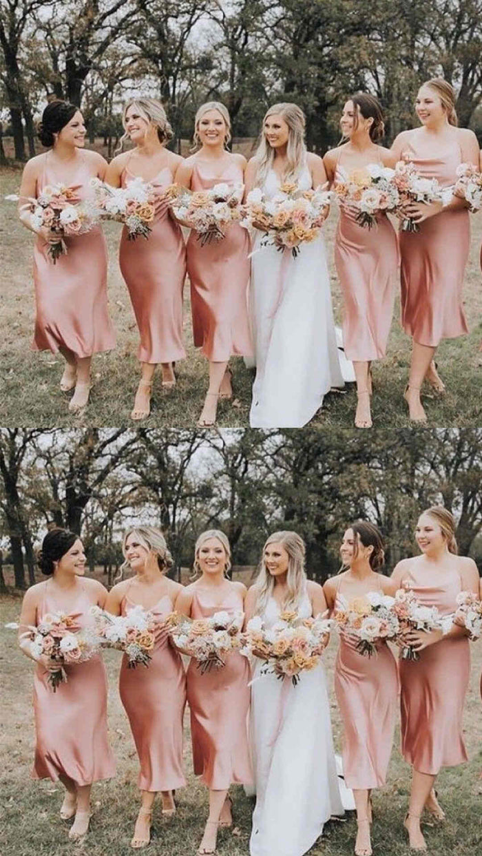 Valentina |Tea - Length Champagne Bridesmaid Dress Spaghetti Straps Cowl Neck - Pink - PromDressClub