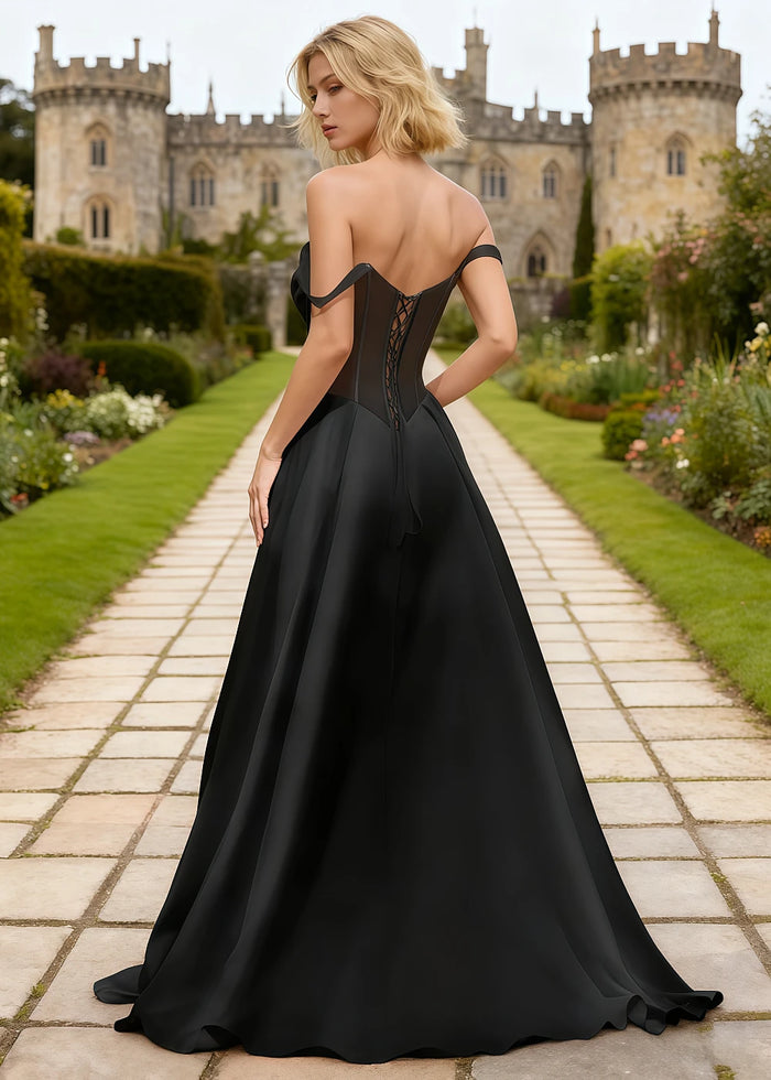 Tegan Black Satin Prom Dress Corset | A - Line Off the Shoulder Slit Formal Dress - Black - PromDressClub