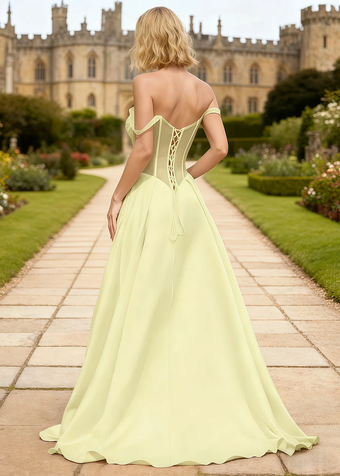 Tegan Pale Yellow Satin Prom Dress Corset | A - Line Off the Shoulder Slit Formal Dress - Pale Yellow - PromDressClub