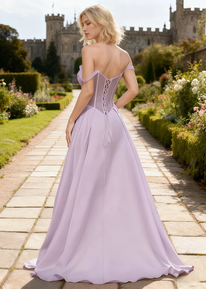 Tegan Purple Satin Prom Dress Corset | A - Line Off the Shoulder Slit Formal Dress - Light Purple - PromDressClub