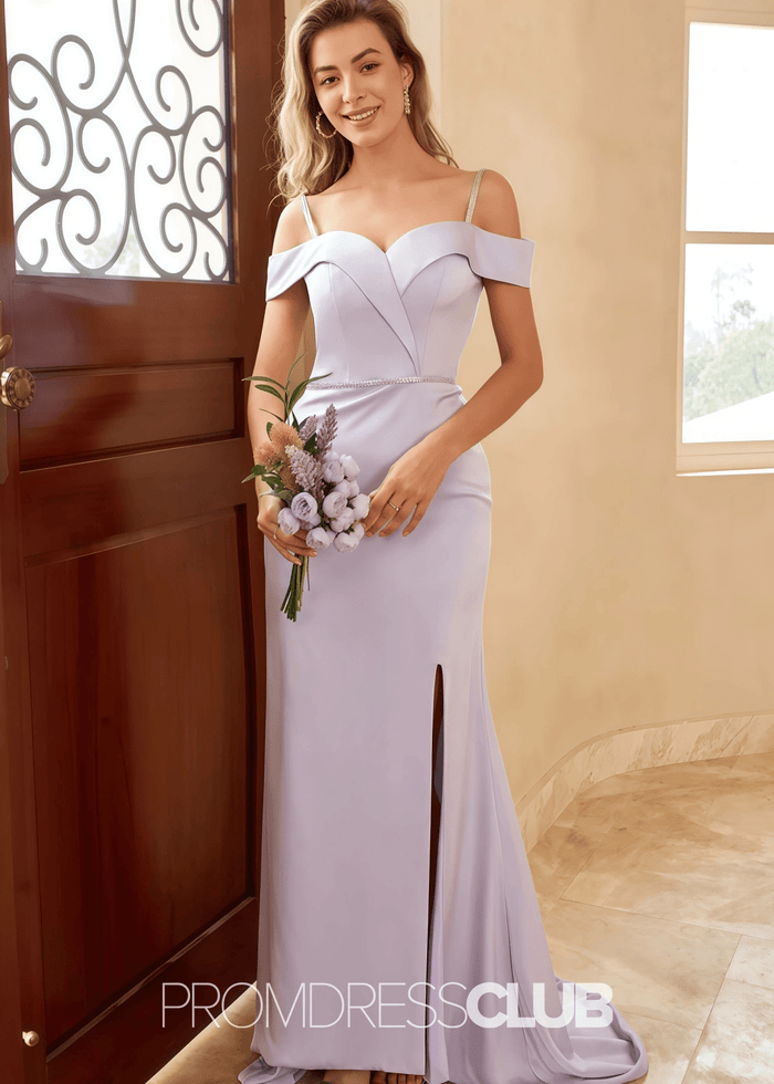 Tess | Mermaid Beading Lavender Satin Long Bridesmaid Dress with Split - Price #price_variant_lowest# - Lavender - PromDressClub