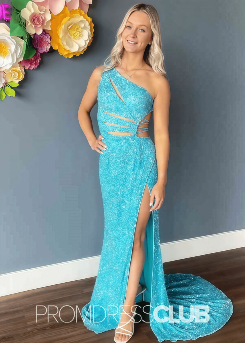 Tess |Prom Lilac Dress Long Mermaid With One Shoulder Cut - Out Sequins Slit - Aqua - PromDressClub