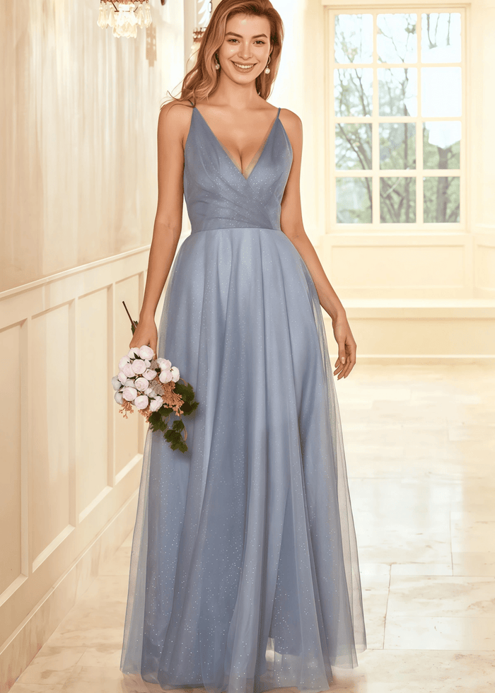 Theresa | A Line Corset Grey Tulle Long Bridesmaid Dress - Price #price_variant_lowest# - Grey - PromDressClub