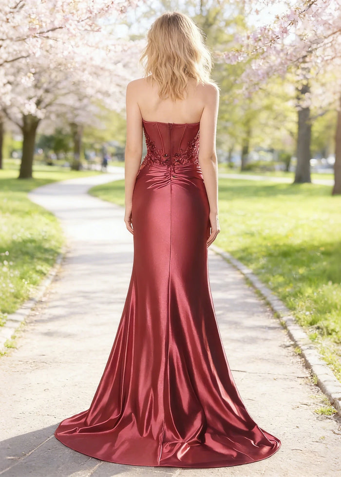 Thora Burgundy Strapless Mermaid Prom Dress | Sequin Corset Pleated Cocktail Dress with Slit - Burgundy - PromDressClub