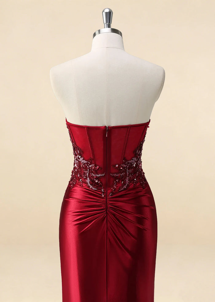 Thora Burgundy Strapless Mermaid Prom Dress | Sequin Corset Pleated Cocktail Dress with Slit - Burgundy - PromDressClub