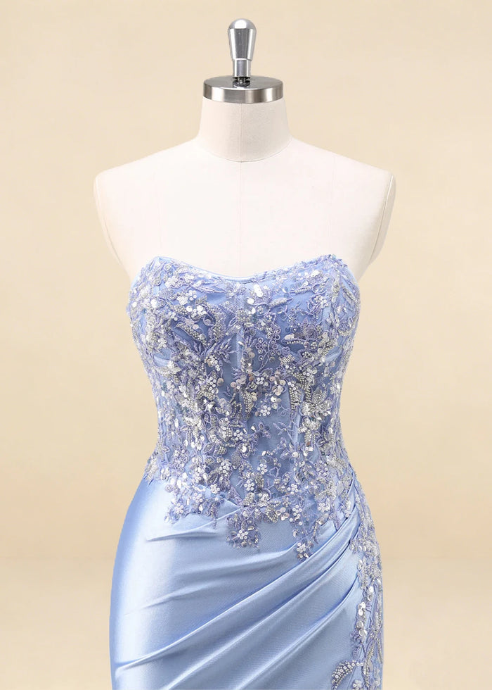 Thora Light Blue Strapless Mermaid Prom Dress | Sequin Corset Pleated Cocktail Dress with Slit - Light Blue - PromDressClub