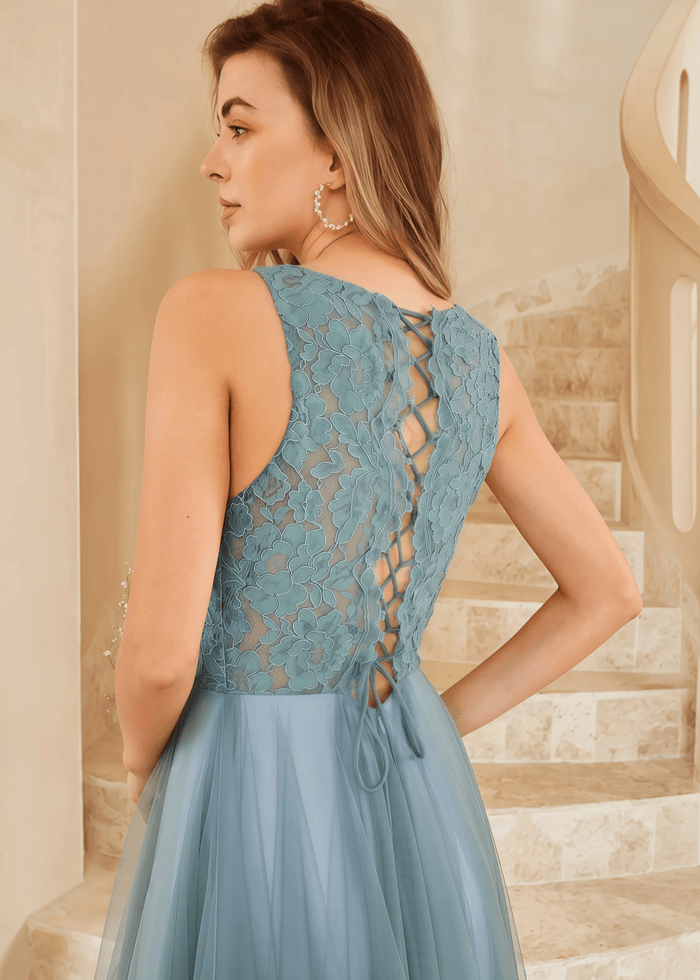 Tiffany | A Line Lace Embroider Grey Blue Tulle Maxi Bridesmaid Dress - Price #price_variant_lowest# - Grey Blue - PromDressClub