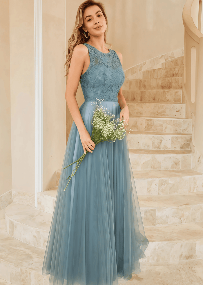 Tiffany | A Line Lace Embroider Grey Blue Tulle Maxi Bridesmaid Dress - Price #price_variant_lowest# - Grey Blue - PromDressClub