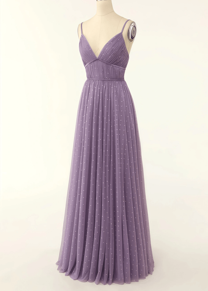 Tina | A Line Polka Dots Ruffles Pink Tulle Long Bridesmaid Dress - Price #price_variant_lowest# - Purple - PromDressClub