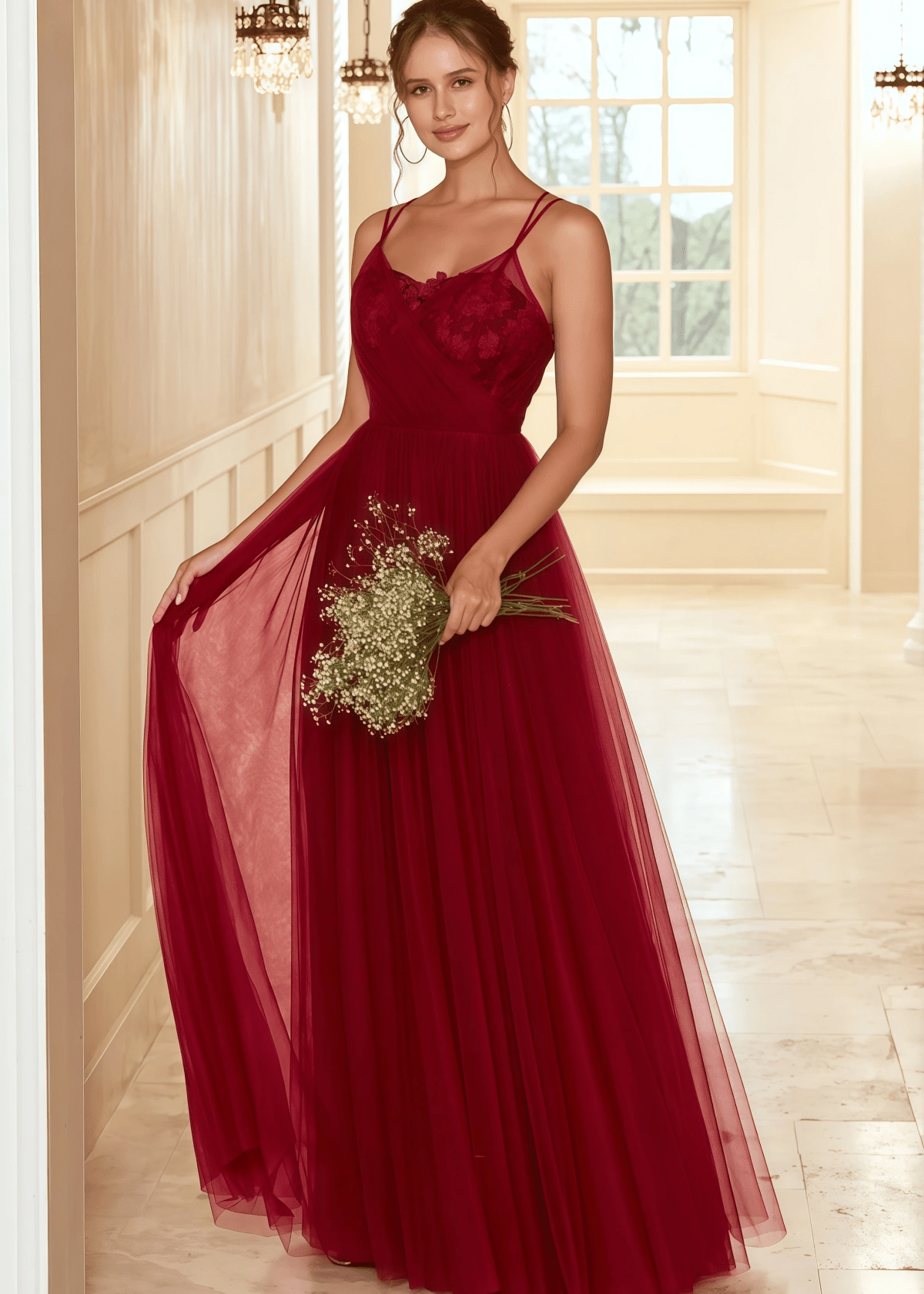 Tobey | A Line Lace Embroider Burgundy Tulle Long Bridesmaid Dress - Burgundy - PROMDRESS Club