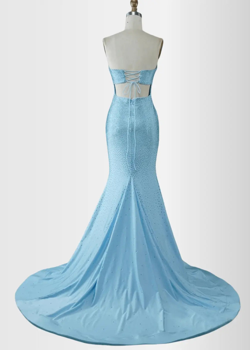 Joanne |Trumpet/Mermaid Blue Strapless Sequins Corset Dress Lace - up Back Long Prom Dress with Front Slit - Sky Blue - US0 - PromDressClub