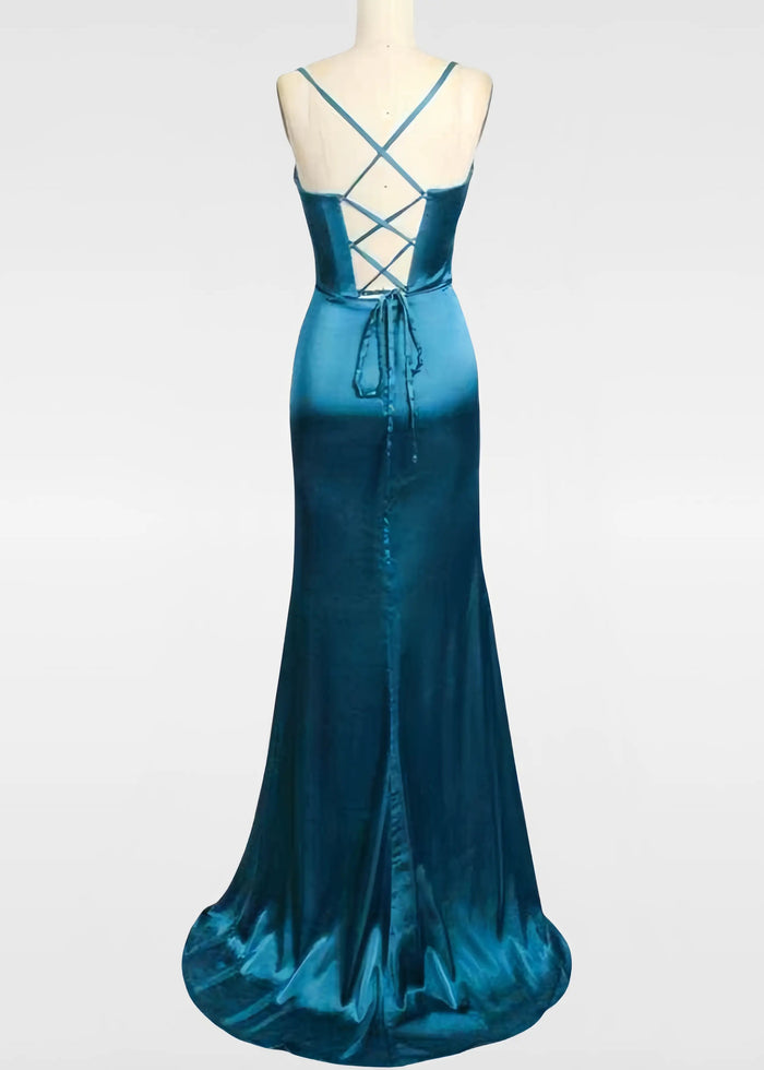 Jessica | Red and Teal Mermaid Pleated Satin Prom Dress Prom with Slit - Red - PromDressClub