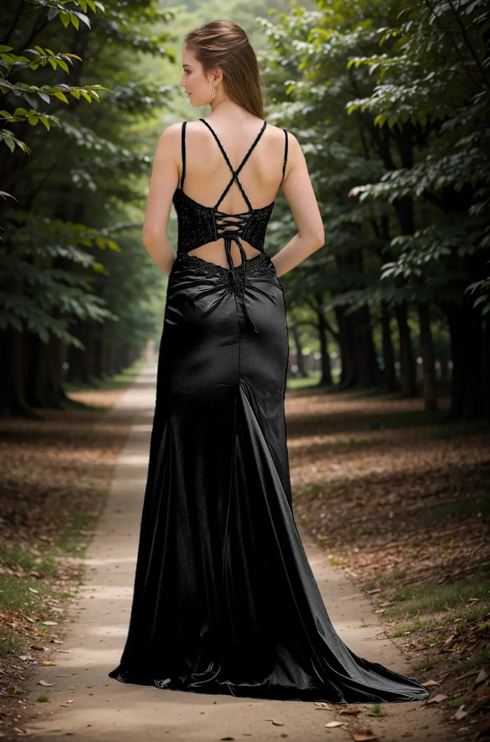 Honey | Emerald Green and Black Lace Mermaid Backless Pleated Prom Dress with Slit - Black - PromDressClub