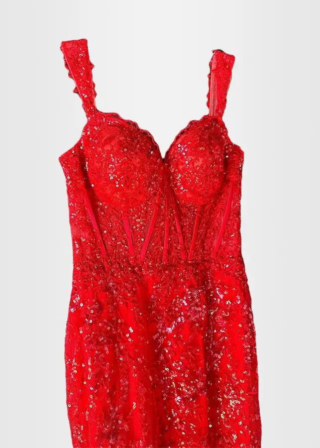 Hilary | Fuchsia Prom Dress Long Mermaid Off the Shoulder Sequins Corset with Slit - Red - PromDressClub