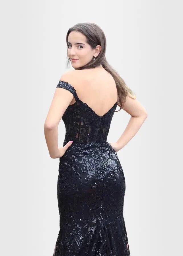 Hilary | Fuchsia Prom Dress Long Mermaid Off the Shoulder Sequins Corset with Slit - Black - PromDressClub