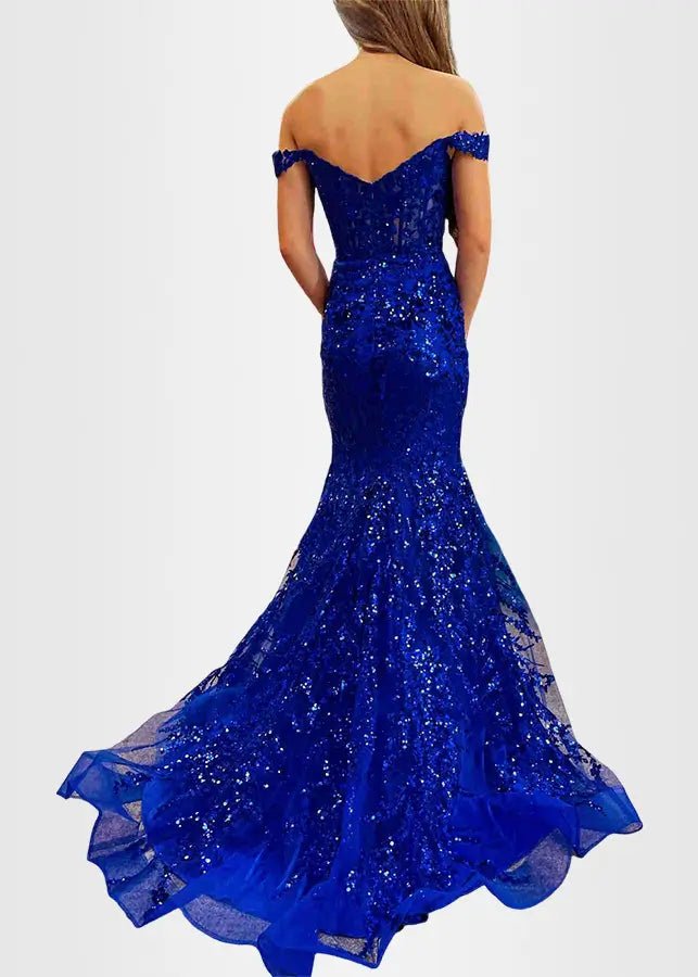 Hilary | Fuchsia Prom Dress Long Mermaid Off the Shoulder Sequins Corset with Slit - Royal Blue - PromDressClub