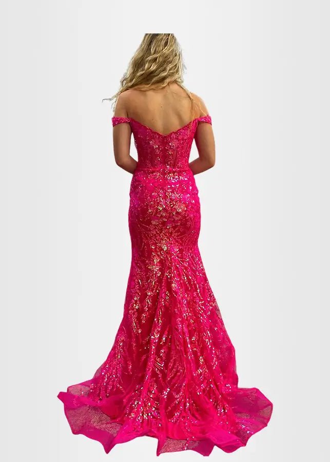 Hilary | Fuchsia Prom Dress Long Mermaid Off the Shoulder Sequins Corset with Slit - Fuchsia - PromDressClub