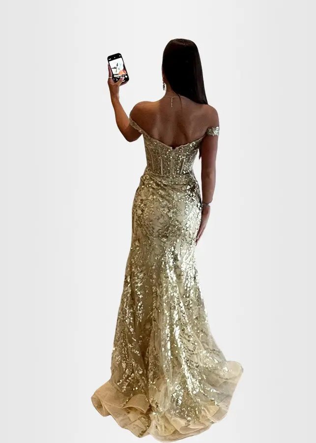 Hilary | Fuchsia Prom Dress Long Mermaid Off the Shoulder Sequins Corset with Slit - Gold - PromDressClub