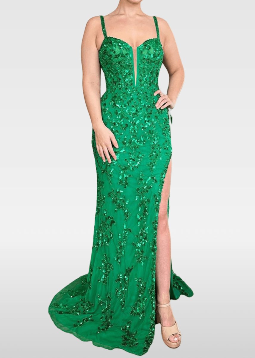 Gwendolyn |Trumpet/Mermaid Sparkly Blue Sheath Sequins Open Back Corset Dress Long Prom Dress with Side Slit - Green - US0 - PromDressClub