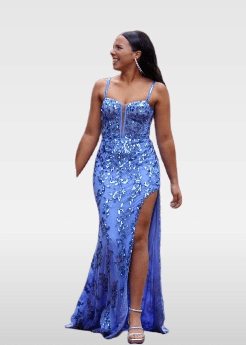 Gwendolyn |Trumpet/Mermaid Sparkly Blue Sheath Sequins Open Back Corset Dress Long Prom Dress with Side Slit - Navy Blue - US0 - PromDressClub