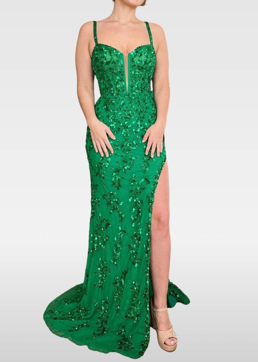 Gwendolyn |Trumpet/Mermaid Sparkly Blue Sheath Sequins Open Back Corset Dress Long Prom Dress with Side Slit - Green - US0 - PromDressClub