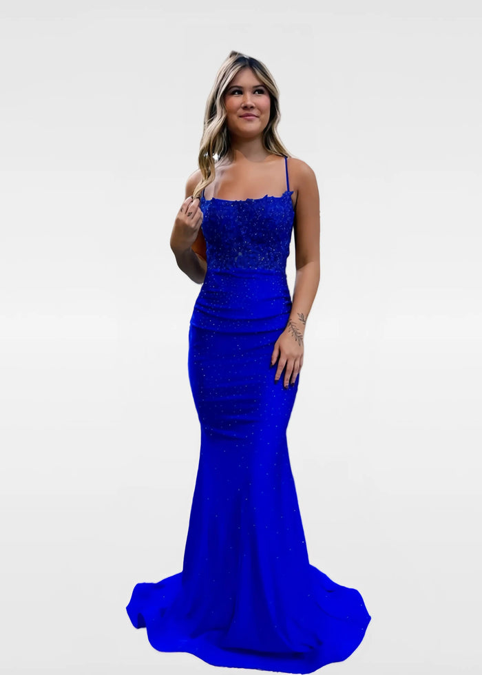 Geraldine | Chic Mermaid Beaded Satin Dark Green Prom Dress - Royal Blue - PromDressClub