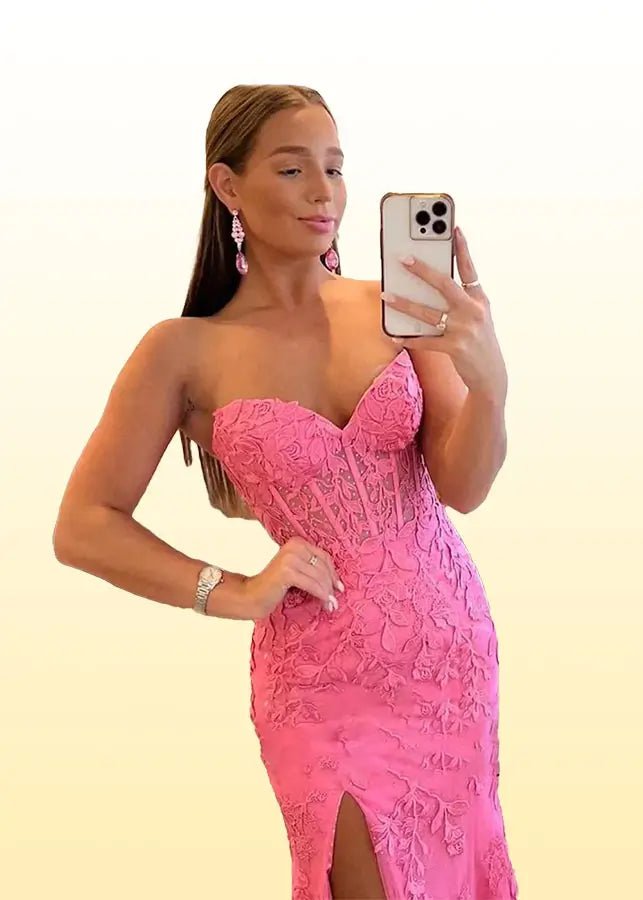 Edwina | Royal Blue Prom Dresses Long Mermaid Strapless Lace Corset with Slit - Hot Pink - PromDressClub