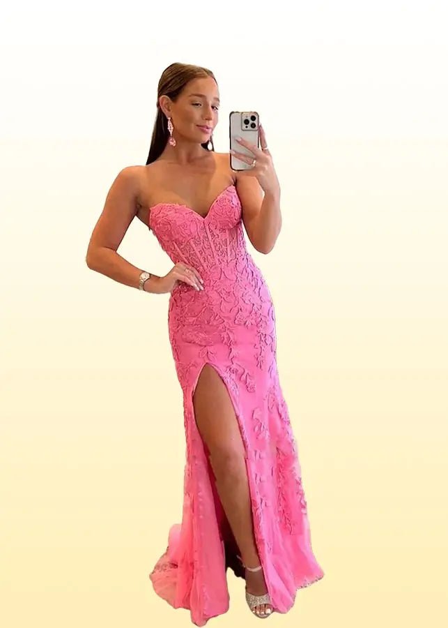 Edwina | Royal Blue Prom Dresses Long Mermaid Strapless Lace Corset with Slit - Hot Pink - PromDressClub