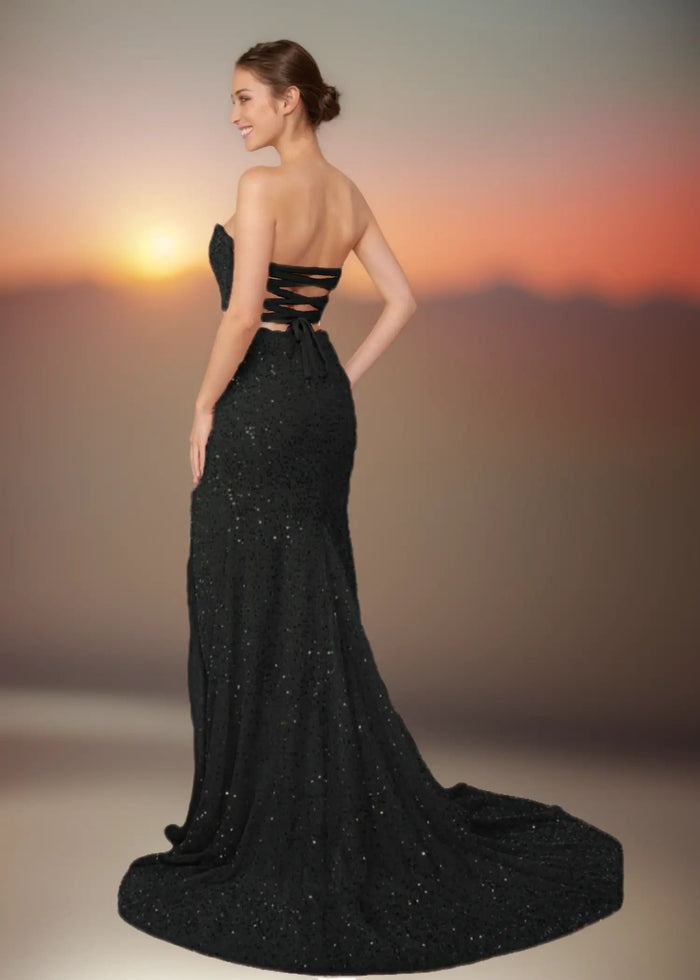 Wallis | Light Pink Mermaid Strapless Sweetheart Neck Prom Dress with Slit and Train - Black - PromDressClub