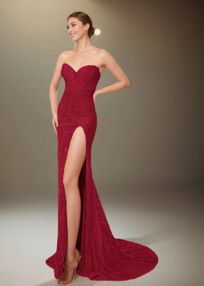 Wallis | Light Pink Mermaid Strapless Sweetheart Neck Prom Dress with Slit and Train - Burgundy - PromDressClub
