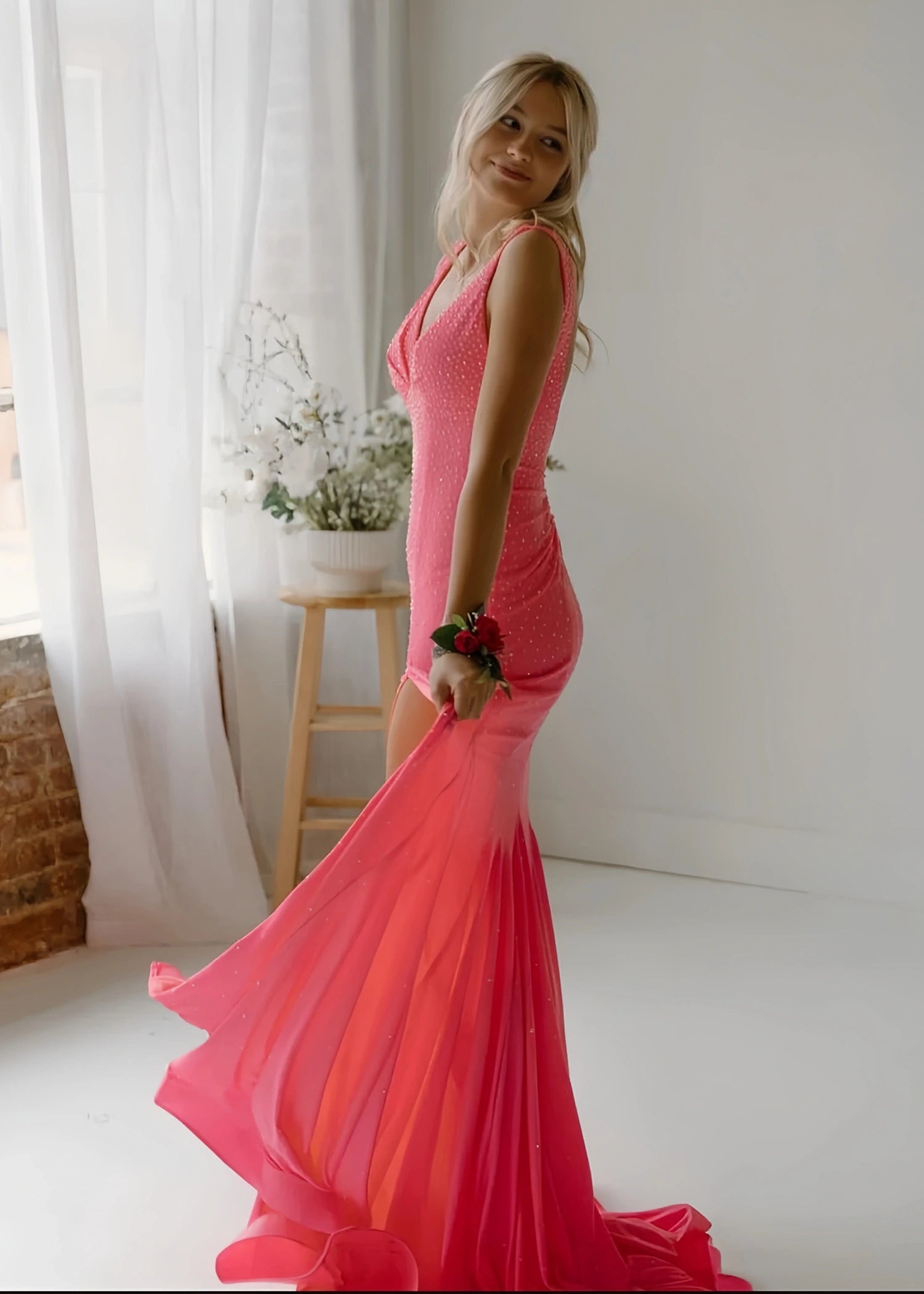 Jessica |Trumpet/Mermaid V - neck Jersey Sweep Train Royal Blue Long Prom Dresses With Crystal Detailing - Coral Pink - US0 - PromDressClub