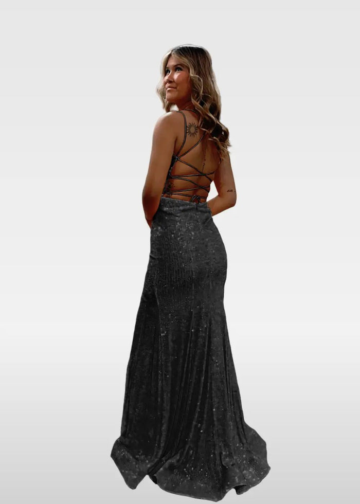 Elvira | Ivory and Orange Mermaid V Neck Prom Dress Royal Blue Sequin with Slit - Black - PromDressClub