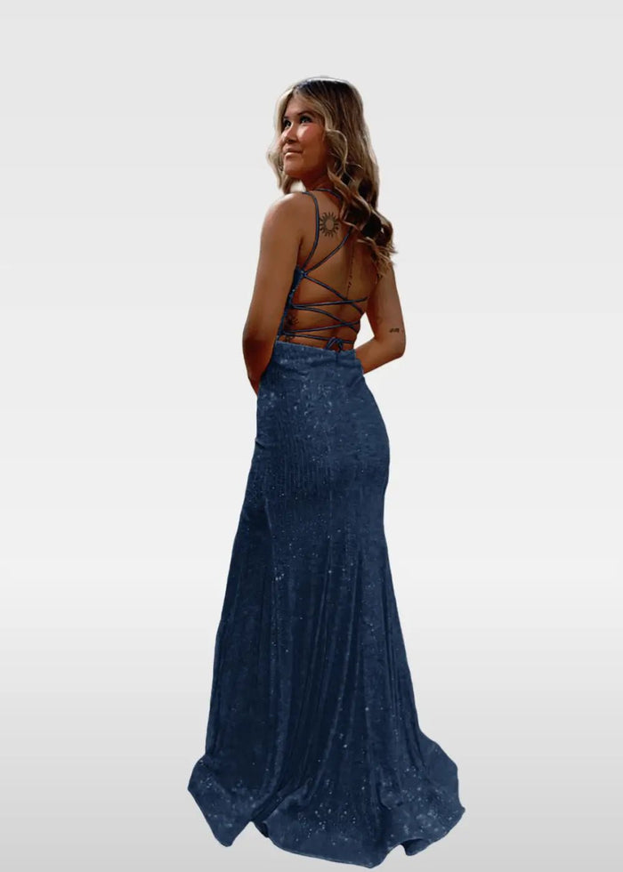Elvira | Ivory and Orange Mermaid V Neck Prom Dress Royal Blue Sequin with Slit - Navy Blue - PromDressClub