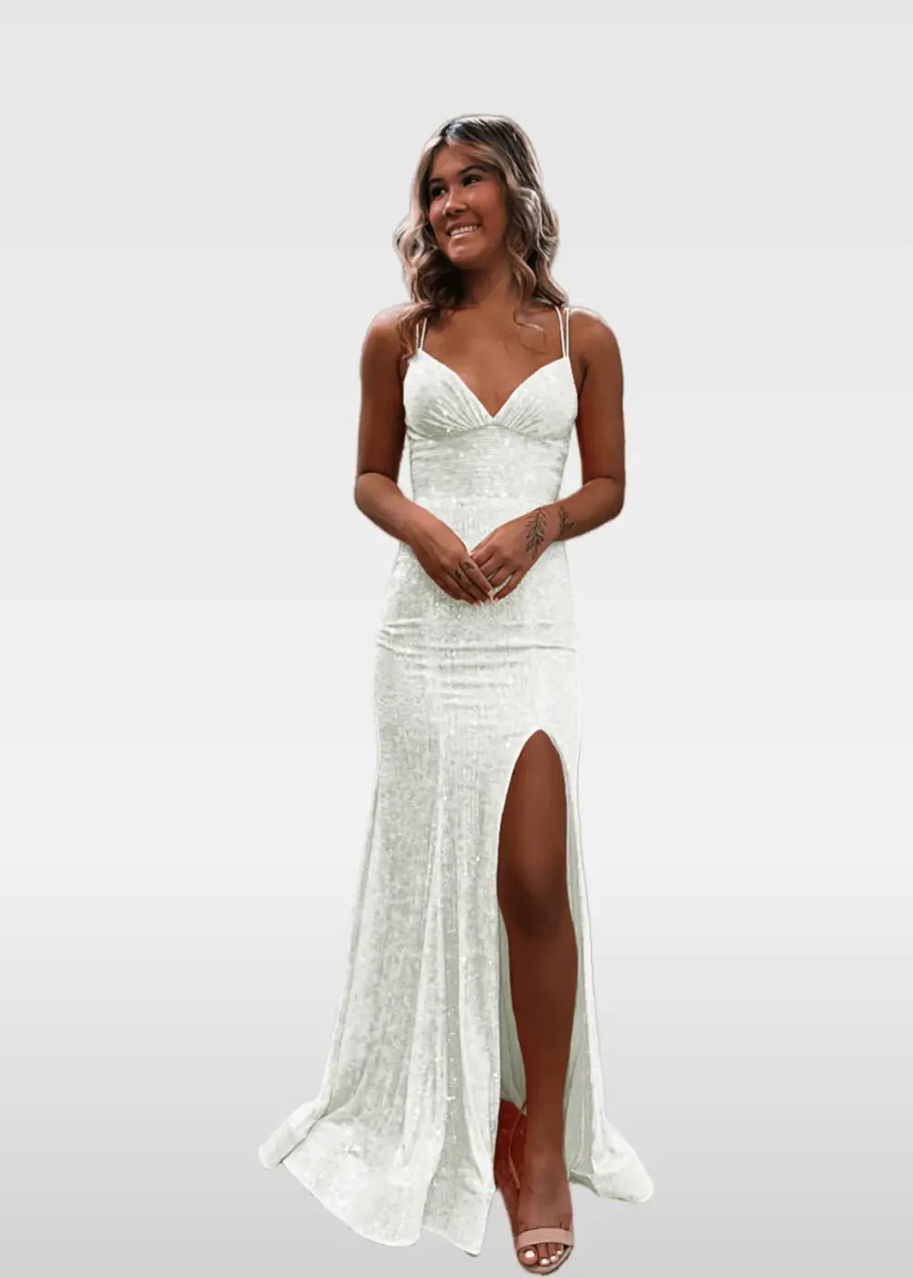 Elvira |Trumpet/Mermaid V - Neck Spaghetti Straps Ivory Sequins Long Prom Dress with Split Front - Ivory - US0 - PromDressClub