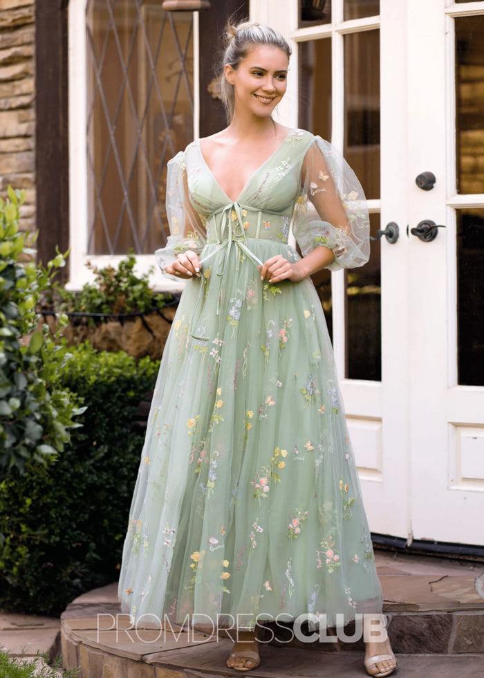 Tulle Sage Floral Prom Dress Long With A - line V - neck Embroidery - Sage Floral - PromDressClub